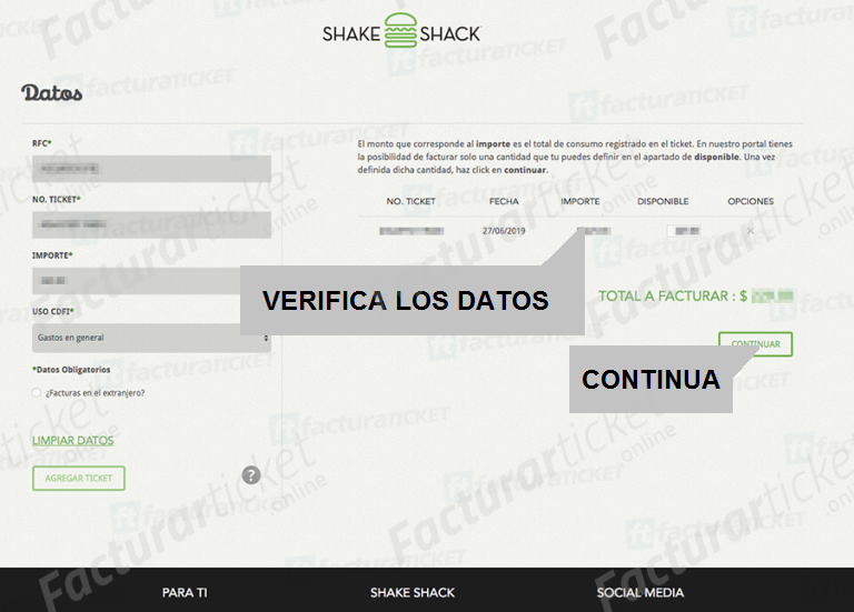 Facturación Ticket SHAKE SHACK